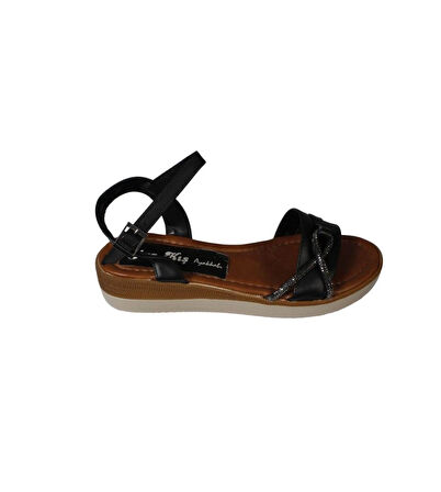 YAZKIŞ Kadın Siyah Beyaz Cilt Yanı taşlı Tokalı Bilekten Bağlamalı 3cm rahat Taban Sandalet