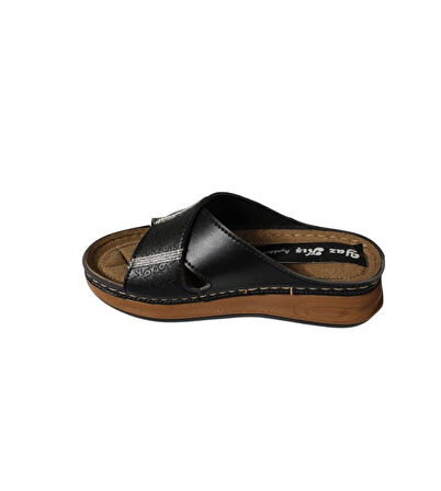 YAZKIŞ Kadın Siyah Ten Üzeri Çapraz Bantlı Taşlı Tabanı Comfort Rahat taban Terlik