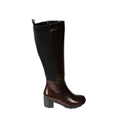 YAZKIŞ Kadın Siyah kahverengi Rugan Arkası Lastlikli 6cm Kalın Topuklu Çizme