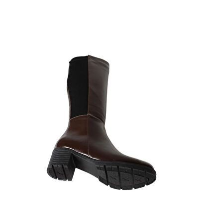 YAZKIŞ Kadın Siyah kahverengi Rugan Arkası Lastlikli 6cm Kalın Topuklu Çizme