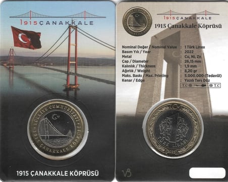 2022 Yılı 1915 Çanakkale Köprüsü Hatıra 1 Türk Lirası Özel Kitinde Çil