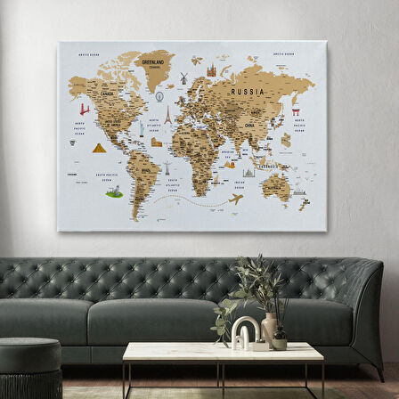 Harita Sepeti Dünya Haritası Son Derece Ayrıntılı Eğitici ve Sembollü Dekoratif Kanvas Tablo 3219