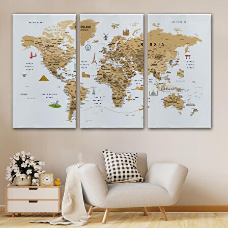 Harita Sepeti Dünya Haritası Son Derece Ayrıntılı Eğitici ve Sembollü Dekoratif Kanvas Tablo 3219