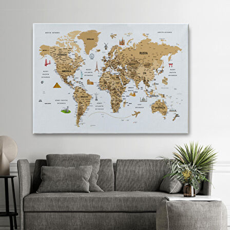 Harita Sepeti Türkçe Dünya Haritası Son Derece Ayrıntılı Eğitici ve Sembollü Kanvas Tablo 3220