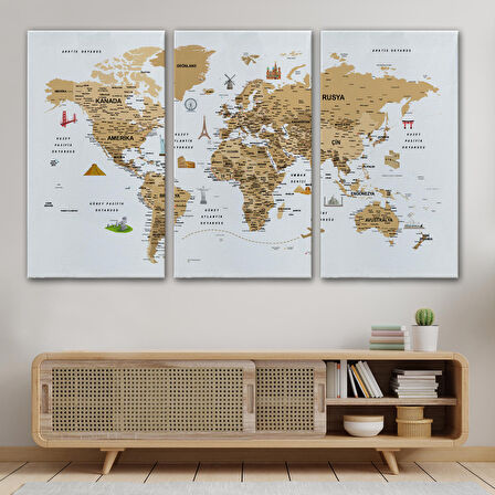 Harita Sepeti Türkçe Dünya Haritası Son Derece Ayrıntılı Eğitici ve Sembollü Kanvas Tablo 3220