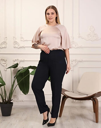 Gabardin Kumaş Lacivert Büyük Beden Yan Lastikli Pantolon