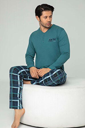 Aydoğan Erkek Tuna Koton Patlı Düğmeli Çam Yeşili Pijama Takımı 0450