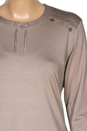 Simay Kadın Flora Ara Beden Kombinli Omzu Düğmeli Taş Beji Spor Bluz