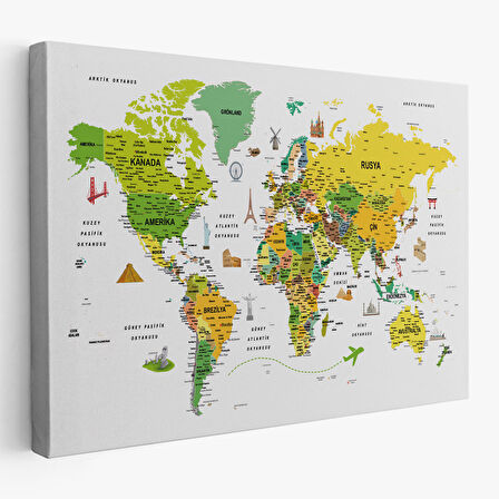 Harita Sepeti Türkçe Dünya Haritası Son Derece Ayrıntılı Eğitici ve Sembollü Kanvas Tablo 3222