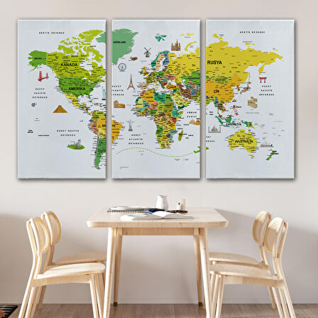 Harita Sepeti Türkçe Dünya Haritası Son Derece Ayrıntılı Eğitici ve Sembollü Kanvas Tablo 3222