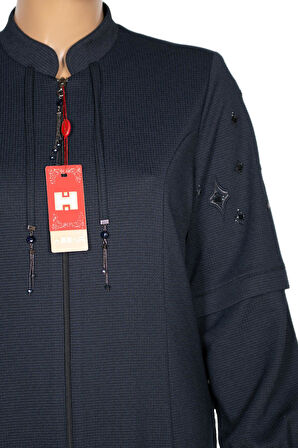 Hesna Kadın Miray Büyük Beden Baharlık Kuplu Lacivert Pardesü