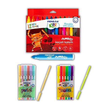 Keçeli Kalem Seti 6 Neon - 6 Pastel ve 12 Renk Jumbo Keçeli Kalem Pensan Keçeli Kalem 1 Paket