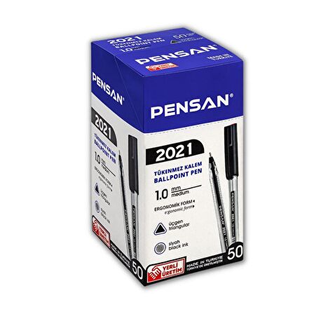 Siyah Tükenmez Kalem Pensan 2021 Şeffaf Üçgen Gövde 1.0 mm 50 Adet