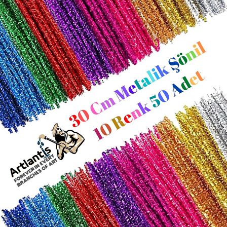 Metalik Şönil Renkli 30 Cm 50'li 1 Paket Artlantis 30 Cm Renkli Metalik Tüylü Tel 50 li 1 Paket