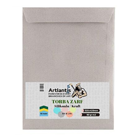 Torba Zarf 32x42 Cm Kraft 90 Gr Silikonlu 50'li 1 Paket Artlantis 320*420 Mm Torba Zarf Kraft 50 li 1 Paket