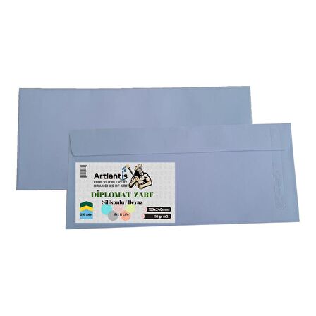 Diplomat Zarf 10.5x24 Cm Beyaz 90 Gr Silikonlu 250'li 1 Paket Artlantis 105*240 Mm Para Zarfı Beyaz 250 li 1 Paket