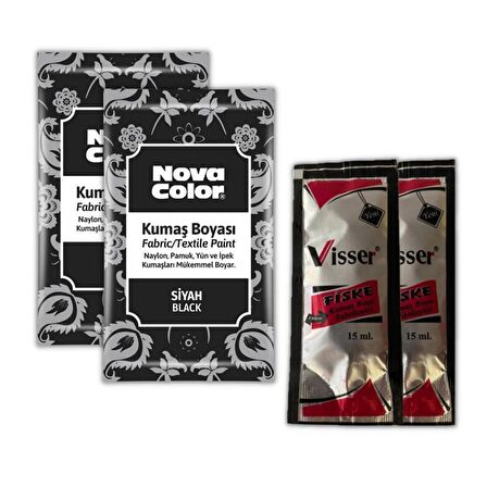 Siyah Kumaş Boyası Toz 12 gr 2 Adet Kumaş Sabitleyici Fiske 15 ml 2 Adet Toz Kumaş Boyası Siyah Kot Pantalon Gömlek Tişört Tekstil Kumaş Boyası 2 Adet