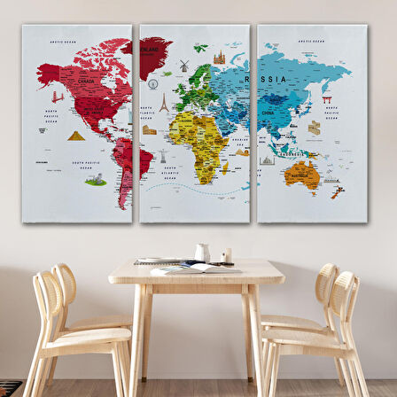 Harita Sepeti Dünya Haritası Son Derece Ayrıntılı Eğitici ve Sembollü Dekoratif Kanvas Tablo 3223