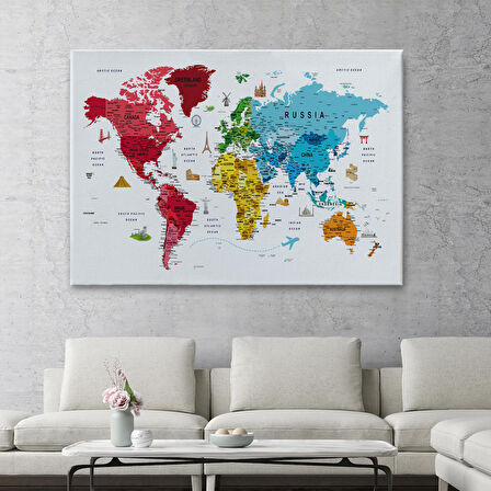 Harita Sepeti Dünya Haritası Son Derece Ayrıntılı Eğitici ve Sembollü Dekoratif Kanvas Tablo 3223