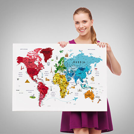 Harita Sepeti Dünya Haritası Son Derece Ayrıntılı Eğitici ve Sembollü Dekoratif Kanvas Tablo 3223