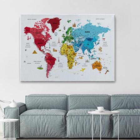 Harita Sepeti Türkçe Dünya Haritası Son Derece Ayrıntılı Eğitici ve Sembollü Kanvas Tablo 3224