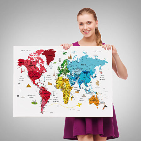 Harita Sepeti Türkçe Dünya Haritası Son Derece Ayrıntılı Eğitici ve Sembollü Kanvas Tablo 3224