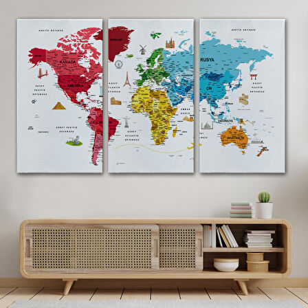 Harita Sepeti Türkçe Dünya Haritası Son Derece Ayrıntılı Eğitici ve Sembollü Kanvas Tablo 3224