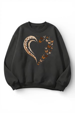 Unisex Yumuşak Dokulu Leopar ve Kelebek Kalp Baskılı Tasarım Oversize 3 İplik Bisiklet Yaka Sweatshi