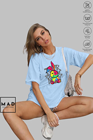 MAD COLLECTION Unisex Oversize Bisiklet Yaka Pamuk Dikişli Tavşan Baskılı Kısa Kollu Tişört