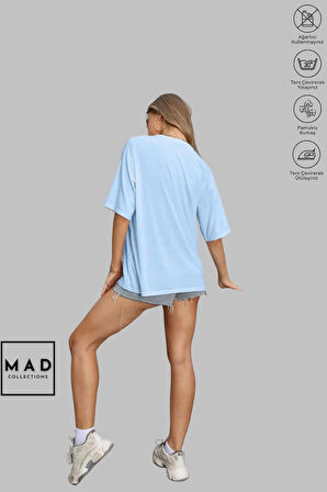 MAD COLLECTION Unisex Oversize Bisiklet Yaka Pamuk Dikişli Tavşan Baskılı Kısa Kollu Tişört