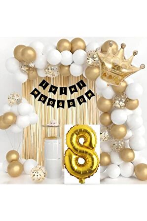 Kral Taçlı 8 Yaş Doğum Günü Gold Beyaz Balon Seti