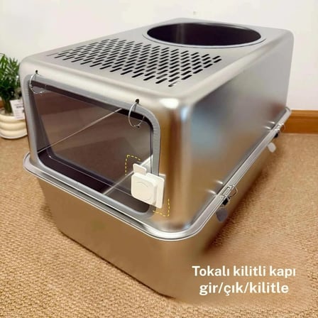 Monozone Büyük Boy Çelik Kedi Kum Kabı Kapalı Sıçrama Önleme Metal Kedi Tuvaleti Paslanmaz Kedi Yatağı