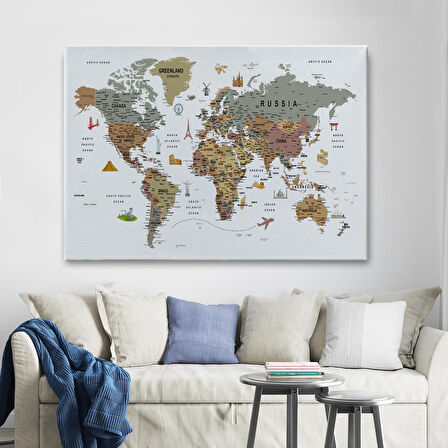 Harita Sepeti Dünya Haritası Son Derece Ayrıntılı Eğitici ve Sembollü Dekoratif Tablo 3225