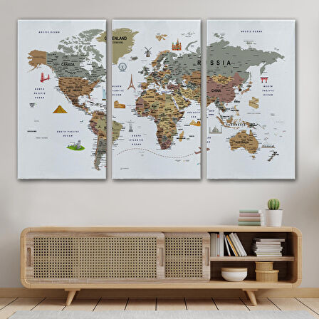 Harita Sepeti Dünya Haritası Son Derece Ayrıntılı Eğitici ve Sembollü Dekoratif Tablo 3225