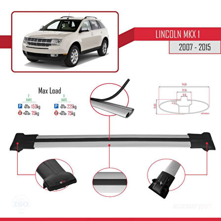 Lincoln MKX (U388) 2007-2015 Arası ile Uyumlu FLY Model Ara Atkı Tavan Barı Gri 2 Adet