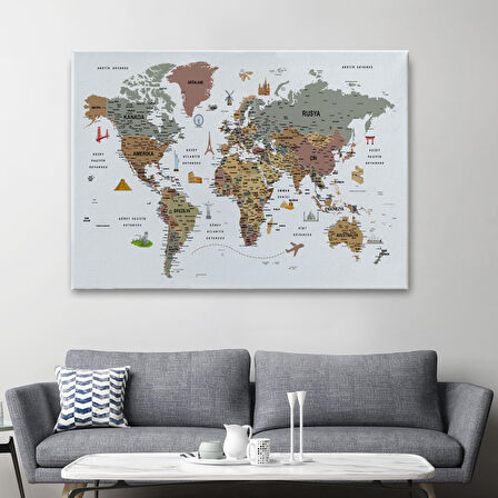 Harita Sepeti Türkçe Dünya Haritası Son Derece Ayrıntılı Eğitici ve Sembollü Kanvas Tablo 3226