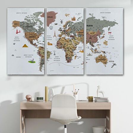 Harita Sepeti Türkçe Dünya Haritası Son Derece Ayrıntılı Eğitici ve Sembollü Kanvas Tablo 3226