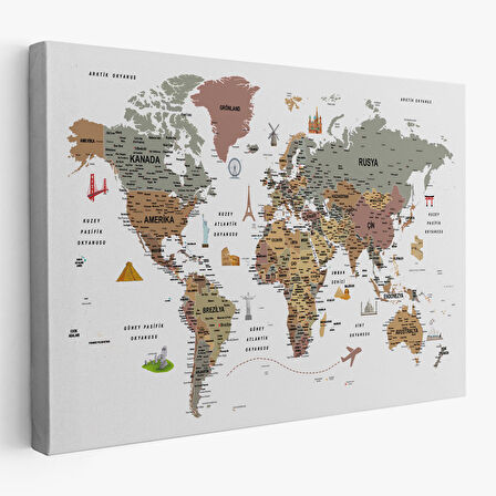 Harita Sepeti Türkçe Dünya Haritası Son Derece Ayrıntılı Eğitici ve Sembollü Kanvas Tablo 3226