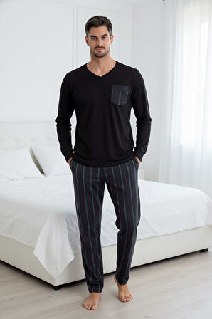 Erkek V Yaka Düğmesiz Göğüs Cepli Yumuşak Termal Bilek Manşetli Kışlık Uzun Kol Cepli Pijama Takımı 