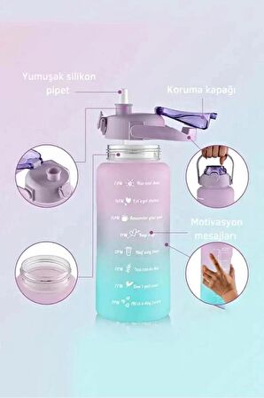 2li Motivasyon Su Matarası 2 lt 900 ml Rengarenk Figürlü Pipetli Su Şişesi Taşınabilir Kulplu Suluk