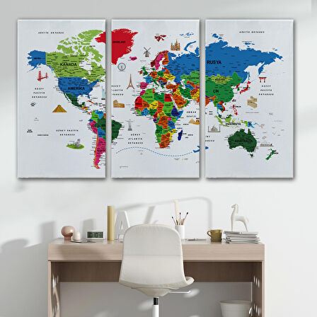 Harita Sepeti Türkçe Dünya Haritası Son Derece Ayrıntılı Eğitici ve Sembollü Kanvas Tablo 3228