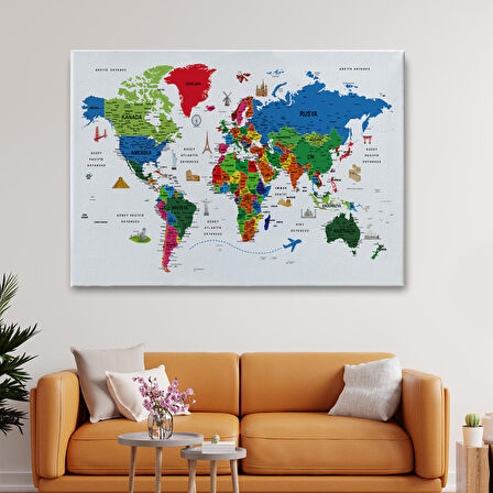 Harita Sepeti Türkçe Dünya Haritası Son Derece Ayrıntılı Eğitici ve Sembollü Kanvas Tablo 3228