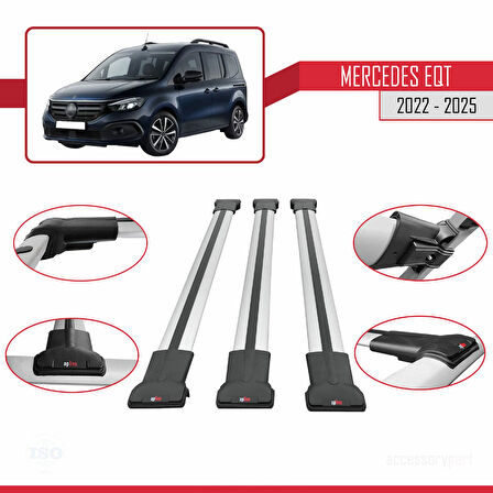Mercedes EQT / Citan W420 2022-2025 Arası ile Uyumlu FLY Model Ara Atkı Tavan Barı Gri 3 Adet
