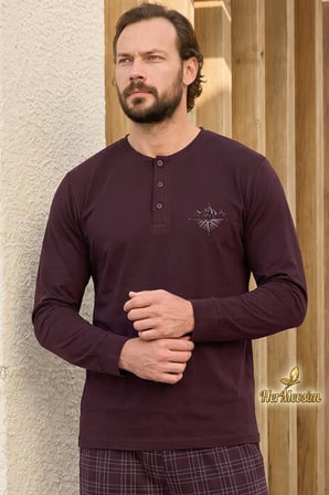 Aydoğan Erkek Pijama Takımı %100 Pamuk Süprem Patlı Yaka Uzun Kol Mürdüm Tuna 260539