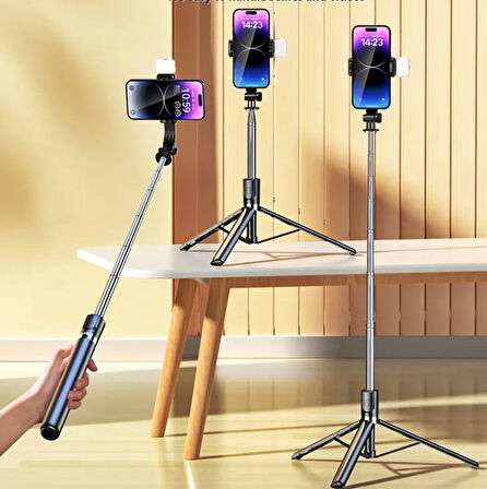 Selfie Çubuğu Bluetooth Kumandalı Kablosuz 170cm Çok Fonksiyonlu IŞIKLI Tripod R1S-L