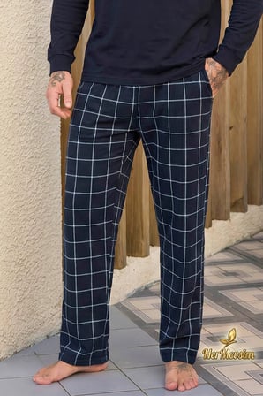 Aydoğan Erkek Pijama Takımı %100 Pamuk Süprem Patlı Yaka Uzun Kol Lacivert Tuna 260540