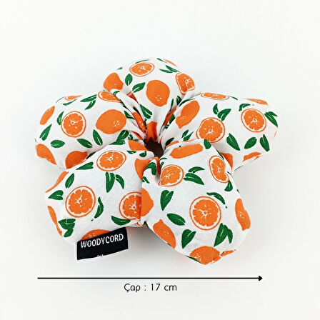 WoodyCord El Yapımı Portakal Desenli Beyaz Çiçek Scrunchie Topuz Tokası