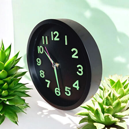 Fosforlu Siyah Duvar Saati Çap 22 cm Karanlıkta Parlayan Fosforlu Zincir Kolye