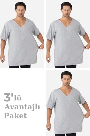 3'lü Paket Gri Erkek V Yaka Kısa Kollu Büyük Beden Tişört Casual Stil Rahat Kesim Spor Kombin