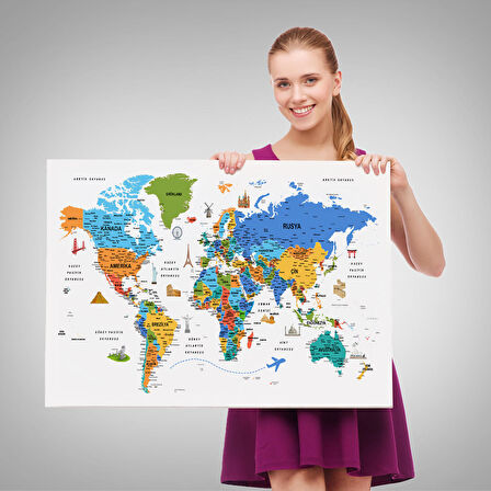 Harita Sepeti Türkçe Dünya Haritası Son Derece Ayrıntılı Eğitici ve Sembollü Kanvas Tablo 3232